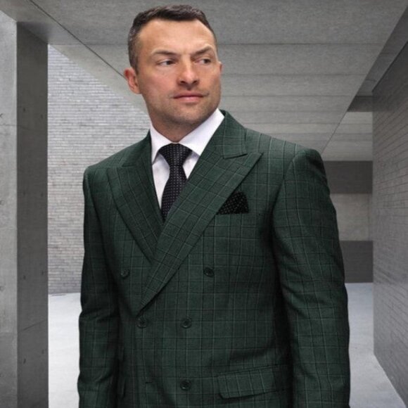 Mens Double Breasted Wool Suit Grey Plaid Regular Fit Hunter - Picture 1 of 2